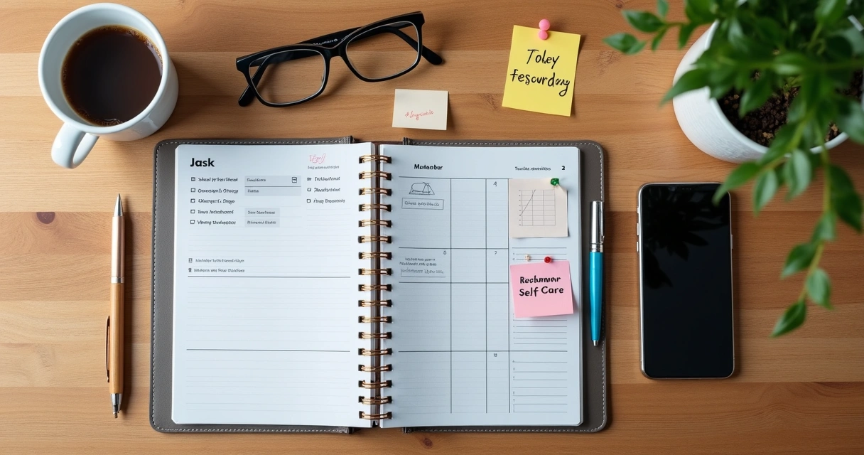 Agenda abierta con taza de café y notas de autocuidado 
