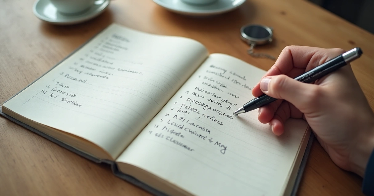 Cuaderno abierto con metas escritas y una mano tomando notas 