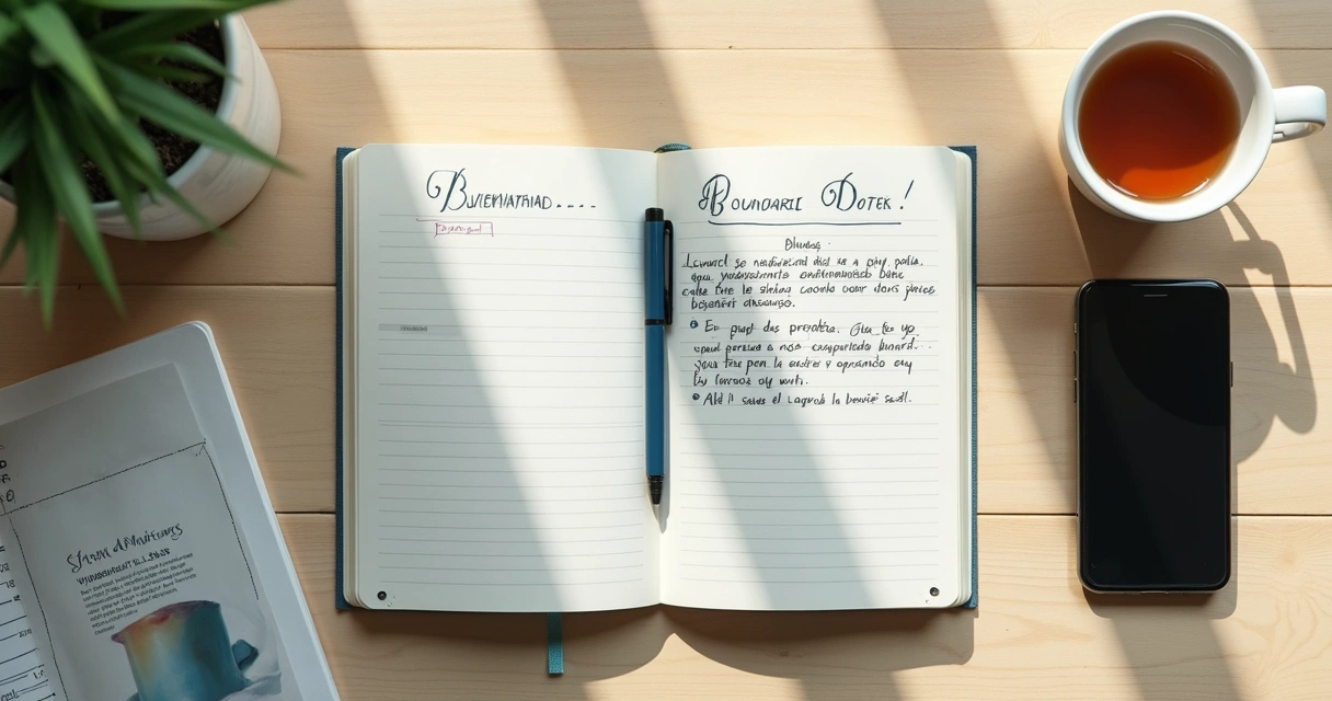 Cuaderno abierto con notas sobre límites y una taza sobre una mesa clara