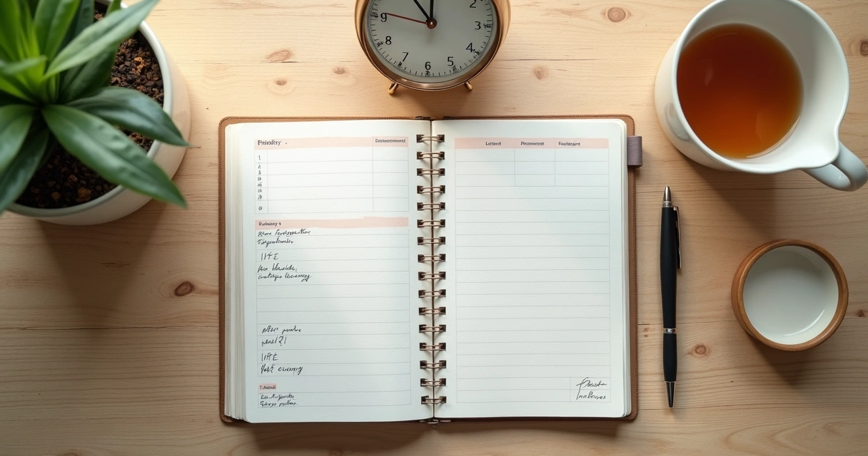 Agenda abierta junto a un reloj y notas de prioridades