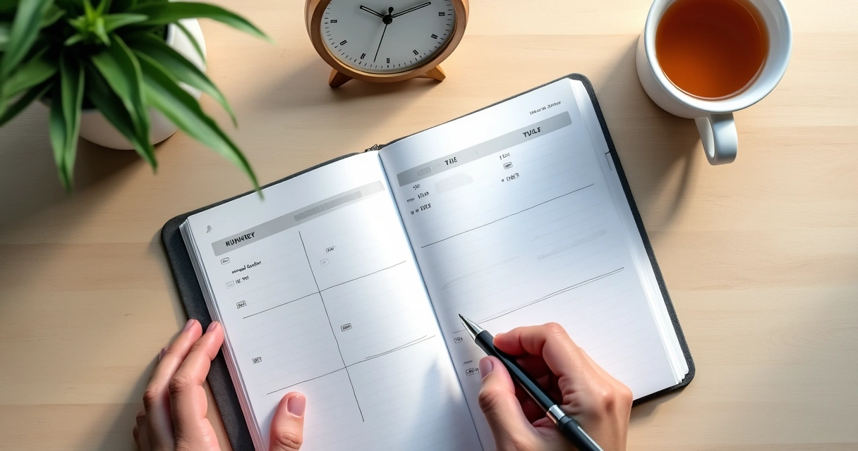 Cuaderno abierto con reloj y manos organizando el día