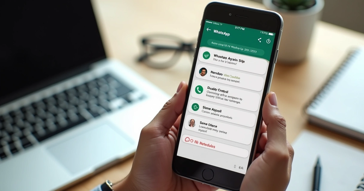 Tela de smartphone exibindo conversa automatizada de agendamento pelo WhatsApp com mensagens detalhadas e botões para confirmação e cancelamento, em ambiente moderno de escritório com notebook e anotações ao fundo