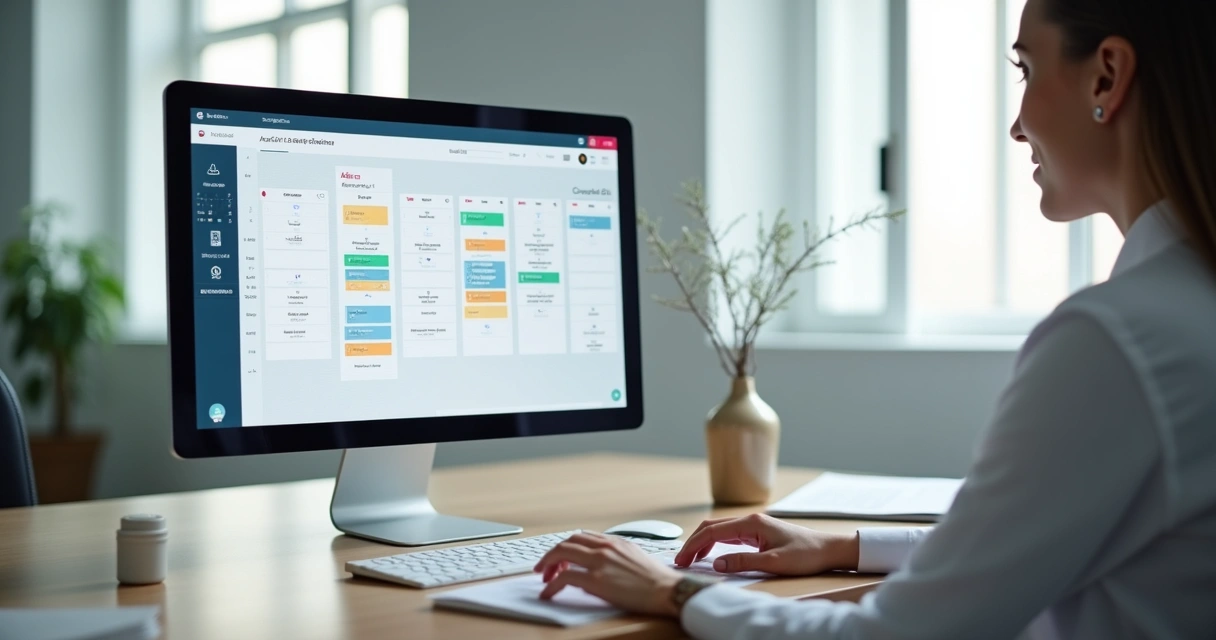 Tela de computador mostrando sistema de agendamento automatizado em clínica, com agenda digital e notificações 