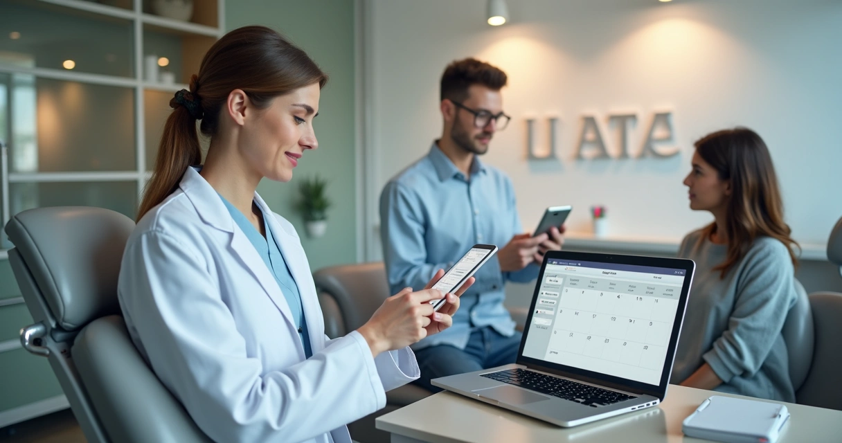 Profissional de clínica odontológica usando tablet para agendar consulta com paciente, ambiente moderno e equipamentos odontológicos ao fundo 