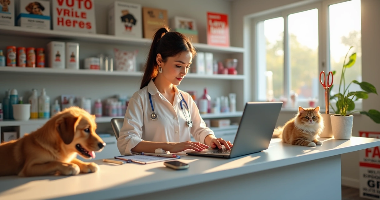 Funcionária de petshop organizando agenda de banho e tosa em computador moderno com gato e cachorro brincando ao lado 