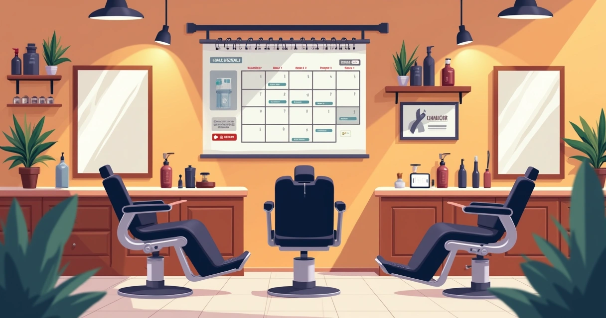 Interior of a modern barbershop with a digital scheduling system, organized and welcoming atmosphere.