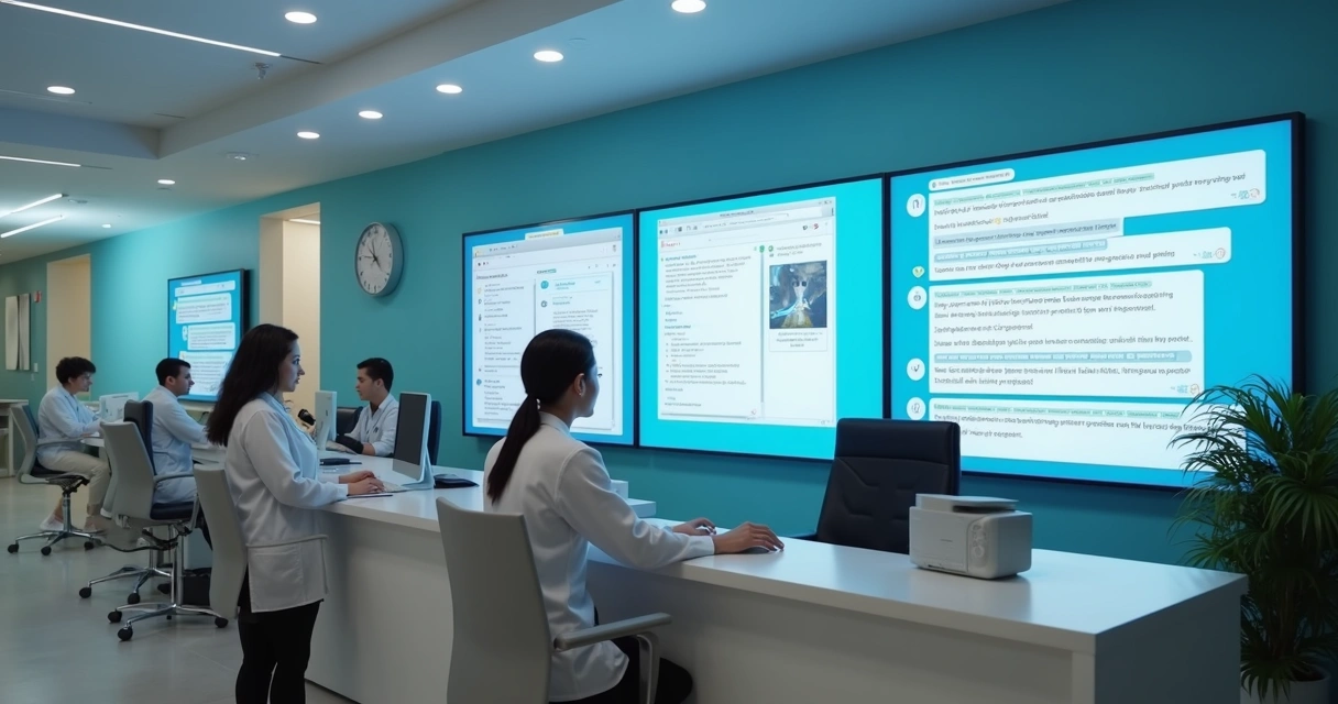 Central de atendimento odontológico com equipe e chatbot em telas respondendo pacientes 