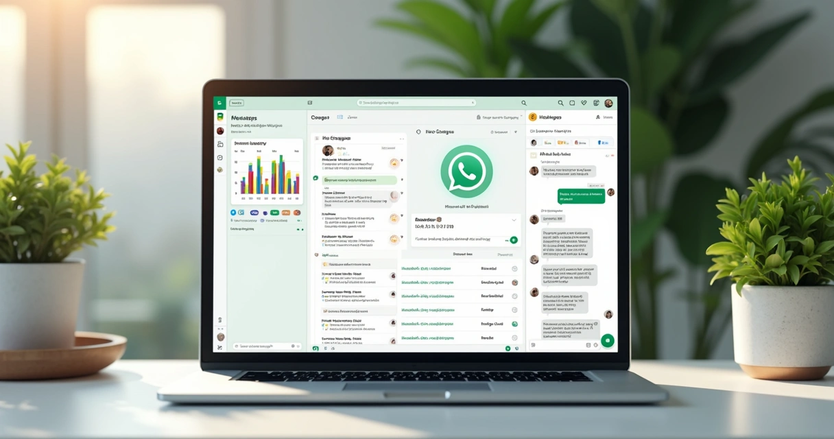Janela de chatbot com calendário e variáveis de personalização, junto a painel visual de agendamento de mensagem