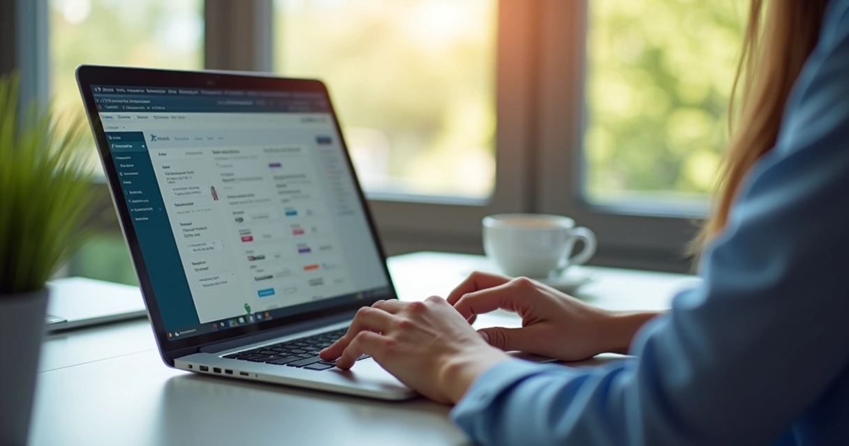 Pessoa usando laptop para agendar cirurgia online com ambiente moderno e calmo 