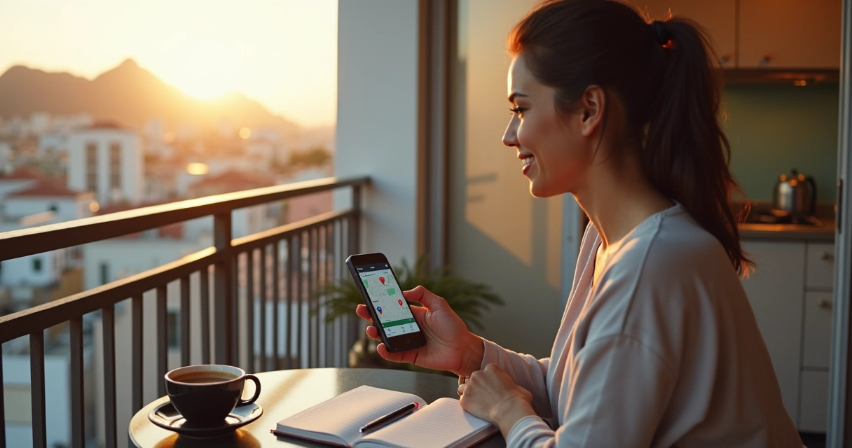 Moradora agendando conserto de fogão pelo celular na varanda com vista urbana 