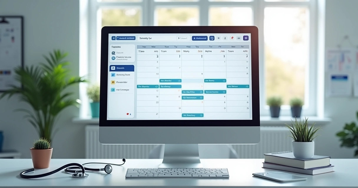 Computador exibindo interface moderna de agendamento digital com inteligência artificial para consultas médicas 