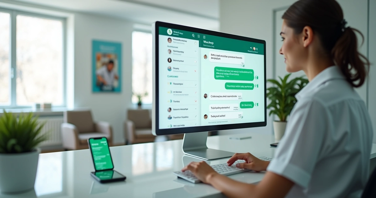 Recepcionista de clínica agendando consulta pelo WhatsApp no computador 