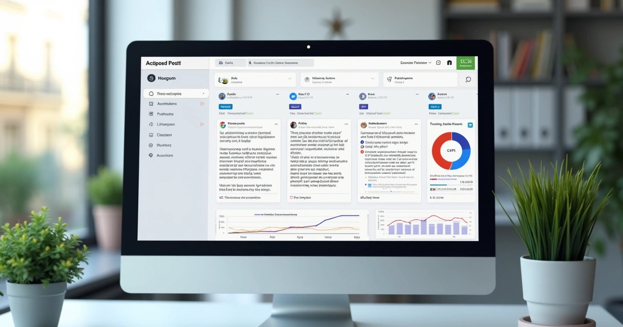 Dashboard exibindo agendamento de posts em várias redes sociais com gráficos de desempenho 