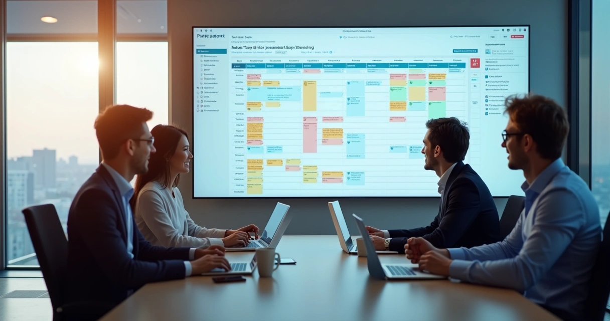 Equipe em sala de reunião conferindo agenda digital projetada na tela