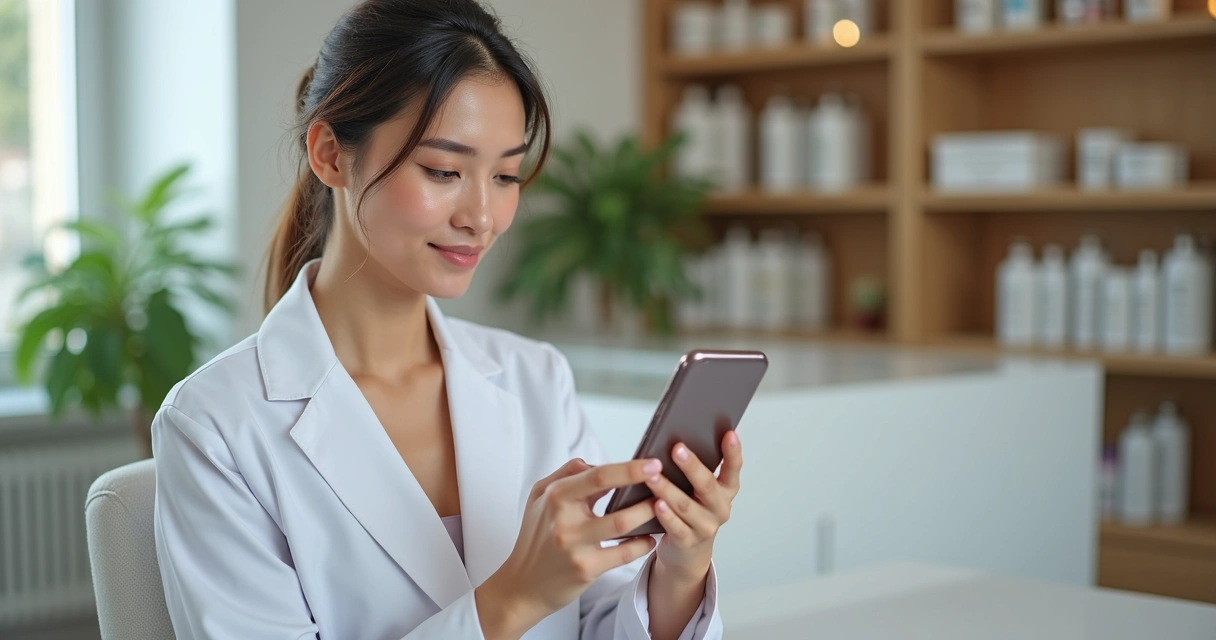 Profissional esteticista usando smartphone para gerenciar agendamento digital em ambiente de clínica estética moderno