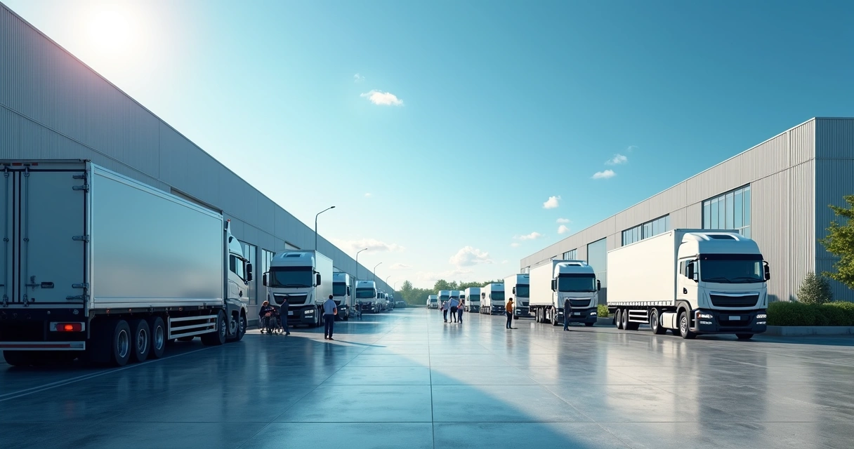 Caminhões alinhados em pátio logístico moderno com sistema digital de agendamento em telas ao fundo 