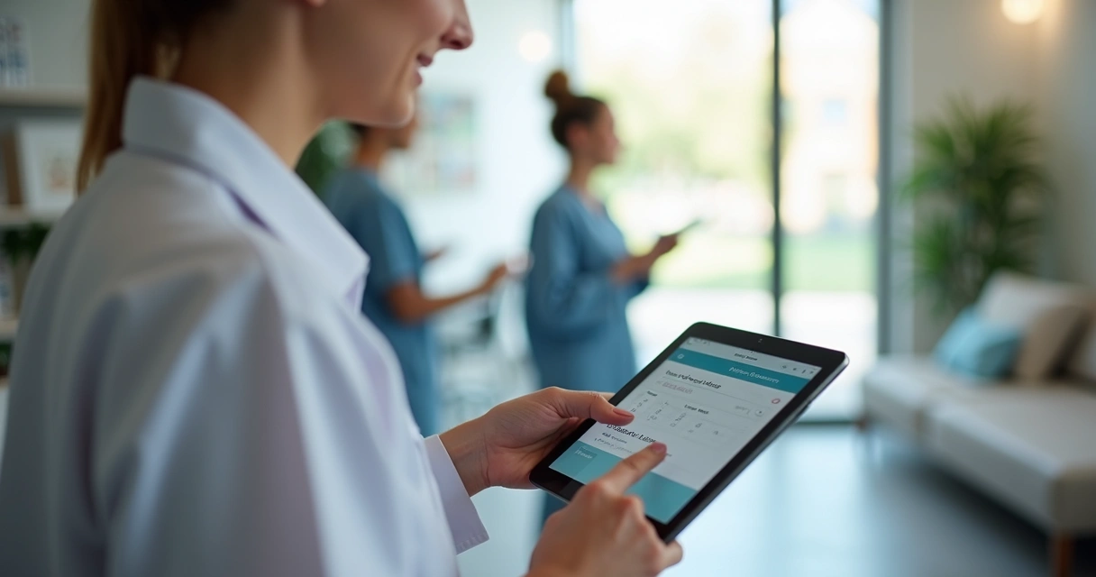 Paciente usando tablet para agendar consulta em clínica odontológica