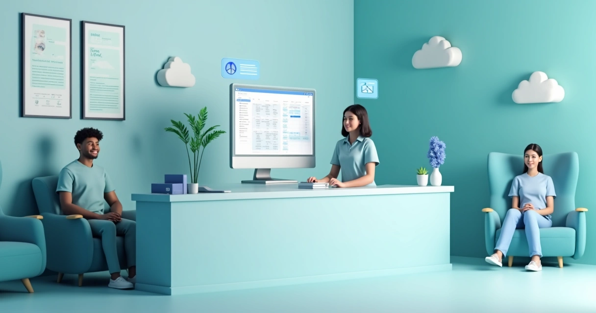 Tela de computador exibindo sistema de agendamento digital em clínica médica