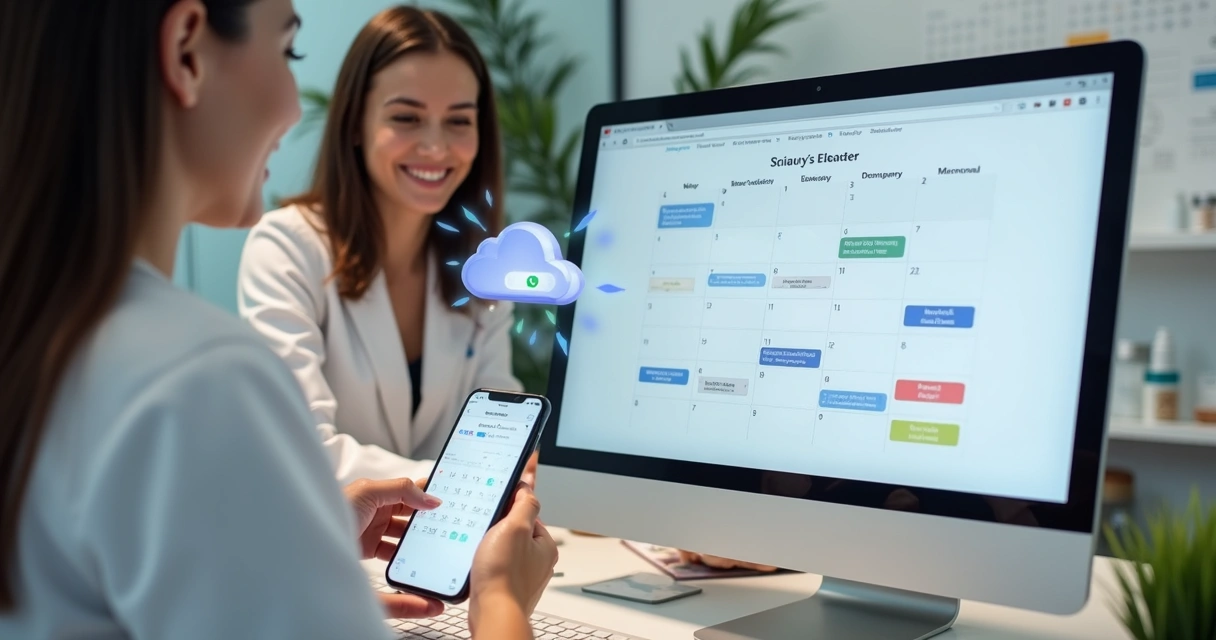 Vista superior de profissionais de estética frente ao computador e celular, organizando agendamentos digitais 