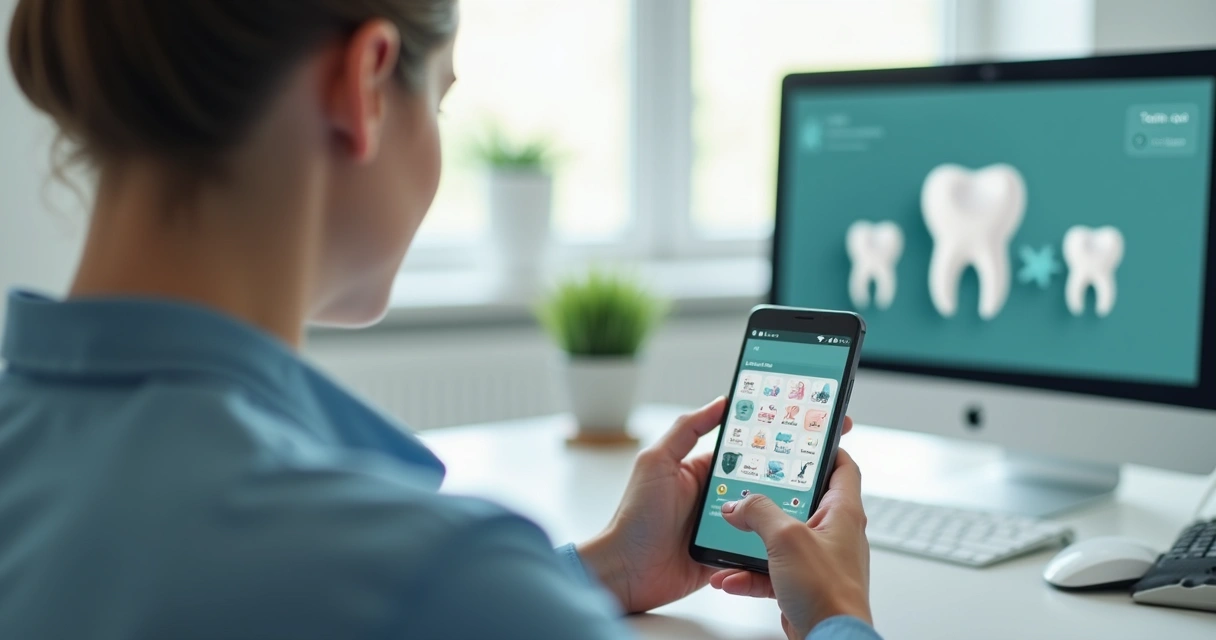 Pessoa usando smartphone para agendar consulta odontológica online, interface de aplicativo visível 