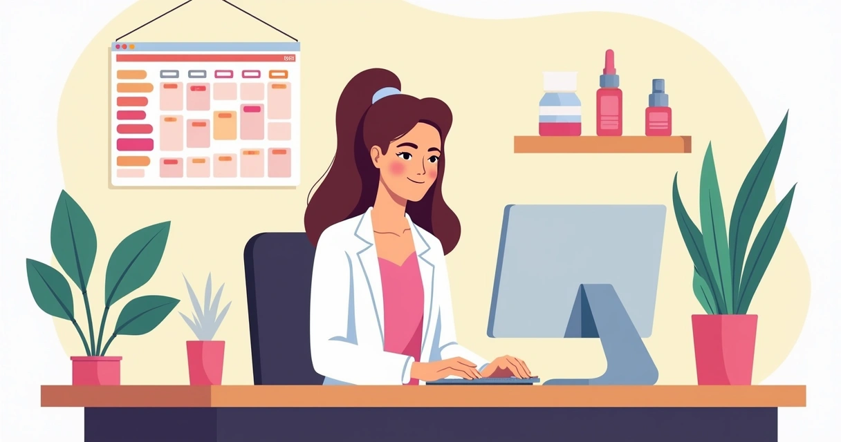 Mulher usando computador para agendar depilação, interface digital visível 