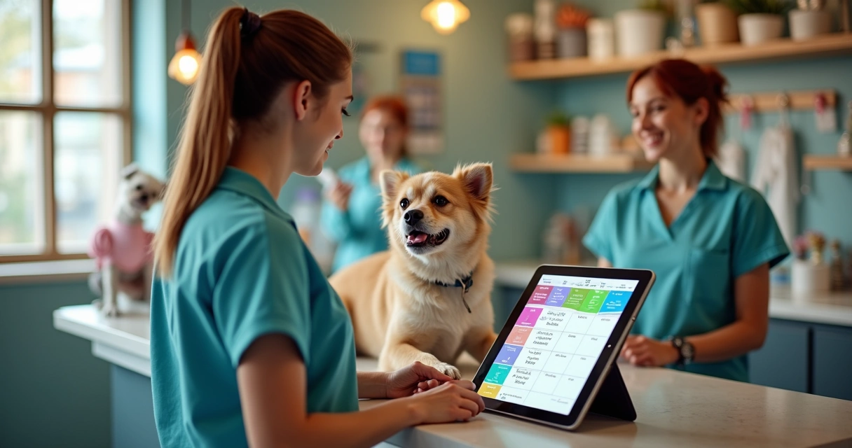 Funcionário do petshop usando tablet para consultar agenda de banho e tosa