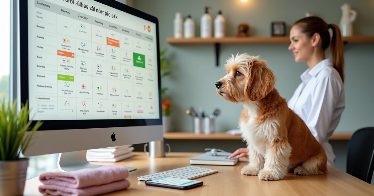 Funcionária de petshop usando sistema de agendamento digital ao lado de cachorro em mesa de tosa 