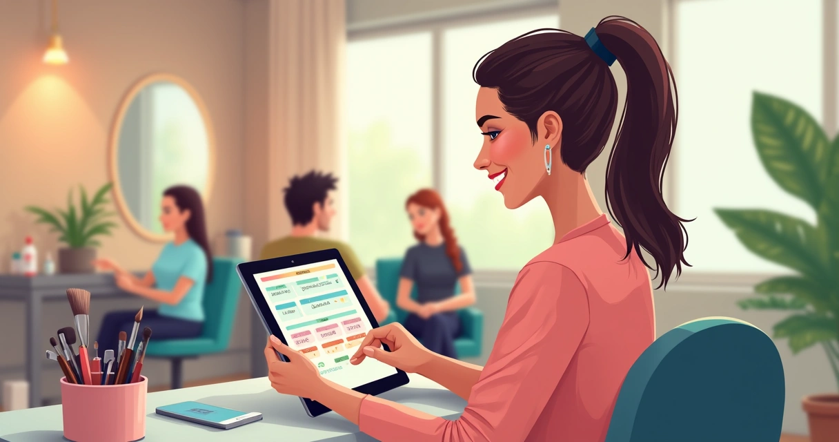 Profissional de beleza usando aplicativo no tablet para agendar clientes em ambiente moderno 