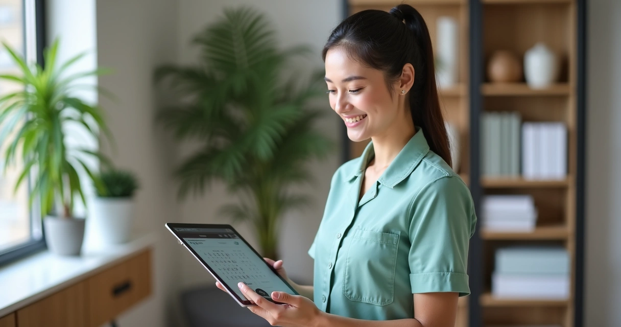 Profissional de massagem usando aplicativo no tablet para agendar atendimento 