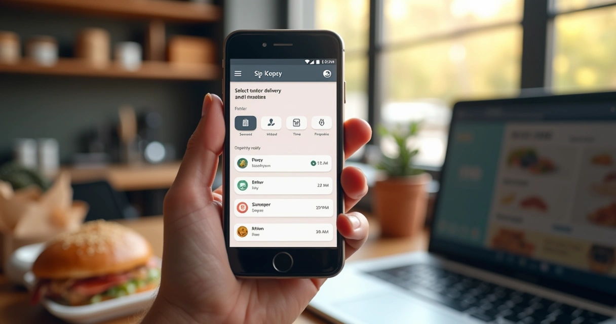 Pessoa usando smartphone para agendar entrega de comida com interface digital moderna na tela 