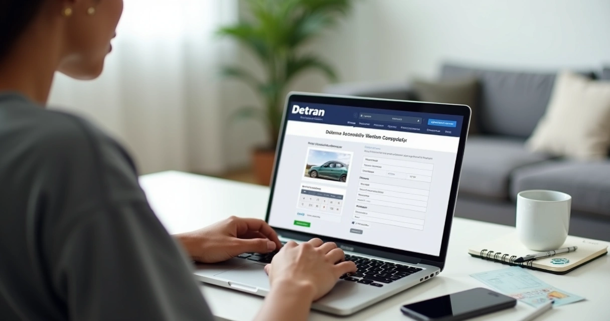 Jovem agendando exame da CNH no site do Detran pelo notebook em casa 