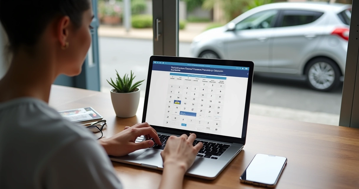 Pessoa jovem agendando exame prático do Detran pelo notebook com carro ao fundo 