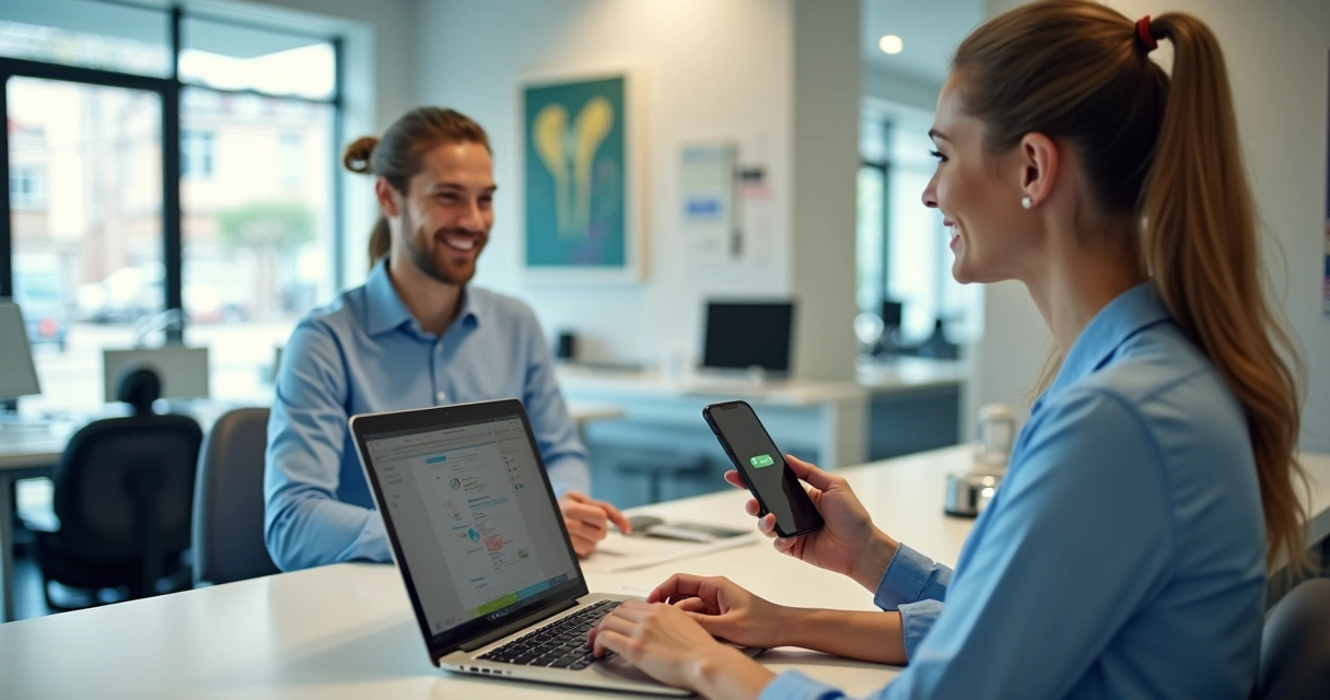 Equipe de atendimento em clínica odontológica usando computador para agendar consultas com pacientes via WhatsApp 
