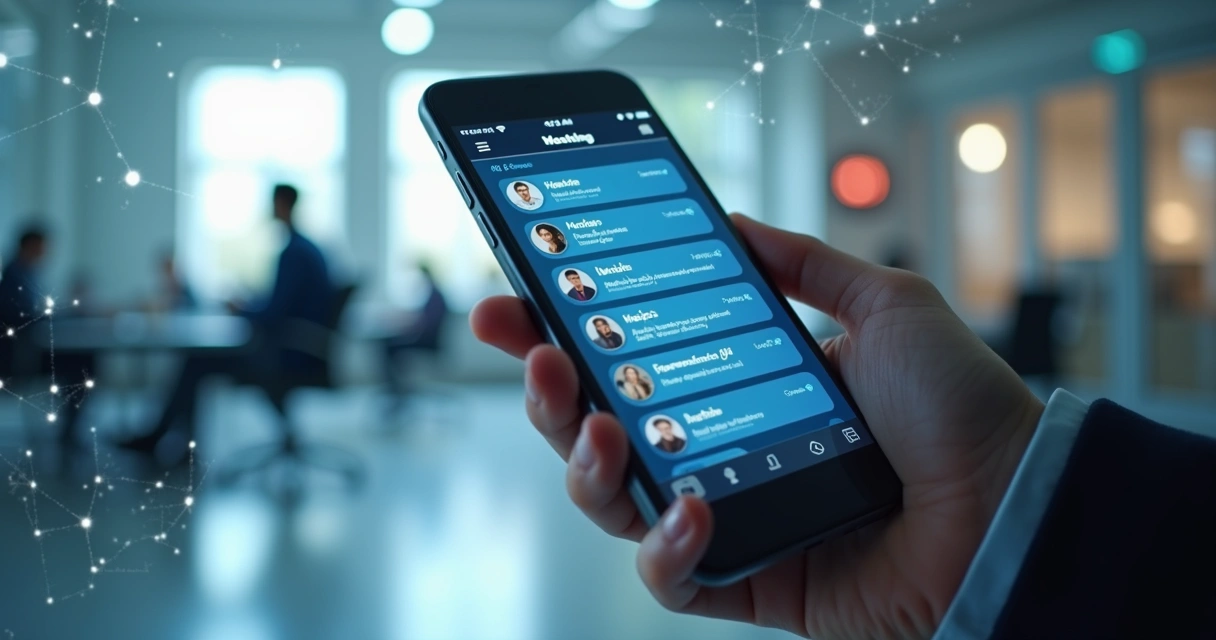 Pessoa interagindo com smartphone exibindo interface de agendamento automatizado no WhatsApp com elementos de IA visíveis 