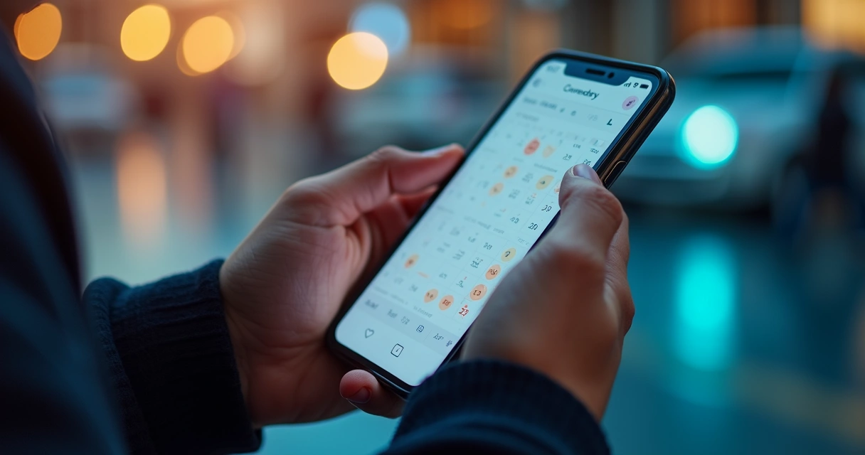 Pessoa usando aplicativo de agendamento inteligente em smartphone com calendário digital e tarefas organizadas 