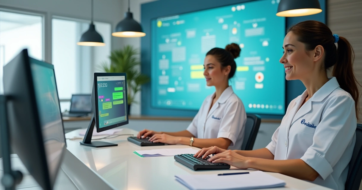Equipe de recepção odontológica utilizando inteligência artificial em atendimento digital 