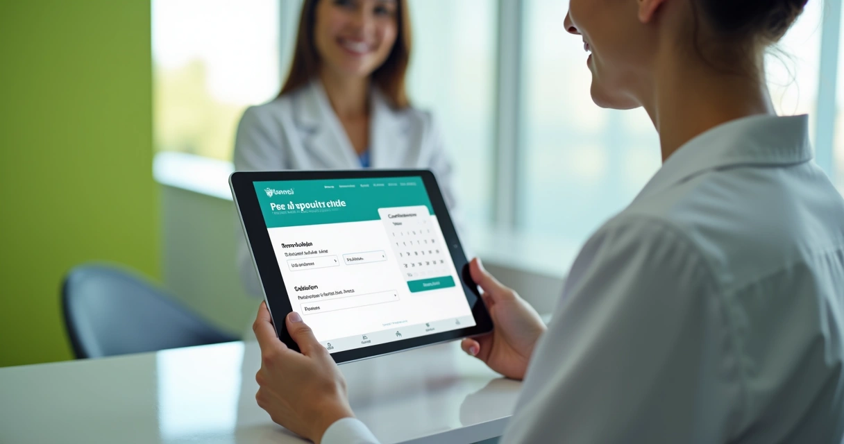 Paciente usando tablet para agendar consulta odontológica 
