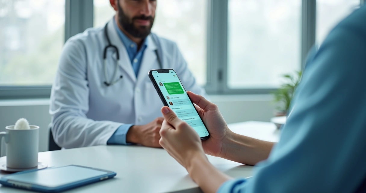 Dentista usando celular para agendamento pelo WhatsApp com interface digital ao lado 