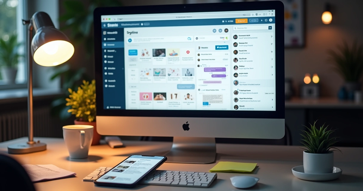 Computador mostrando ferramenta de agendamento de posts ao lado de celular recebendo notificações de seguidores 