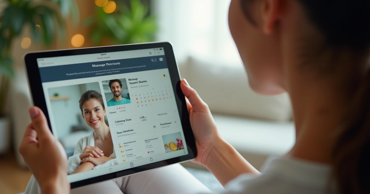 Pessoa usando tablet para agendar massagem de forma segura 