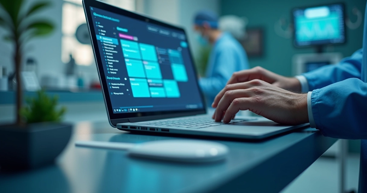 Tela de computador mostrando sistema automatizado de agendamento médico no SUS com interface clara e organizada, ambiente de clínica ao fundo 