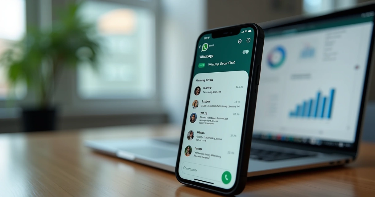 Tela de smartphone com interface do WhatsApp exibindo agendamento de mensagens em grupos, ao fundo computador com gráficos de vendas e automação 
