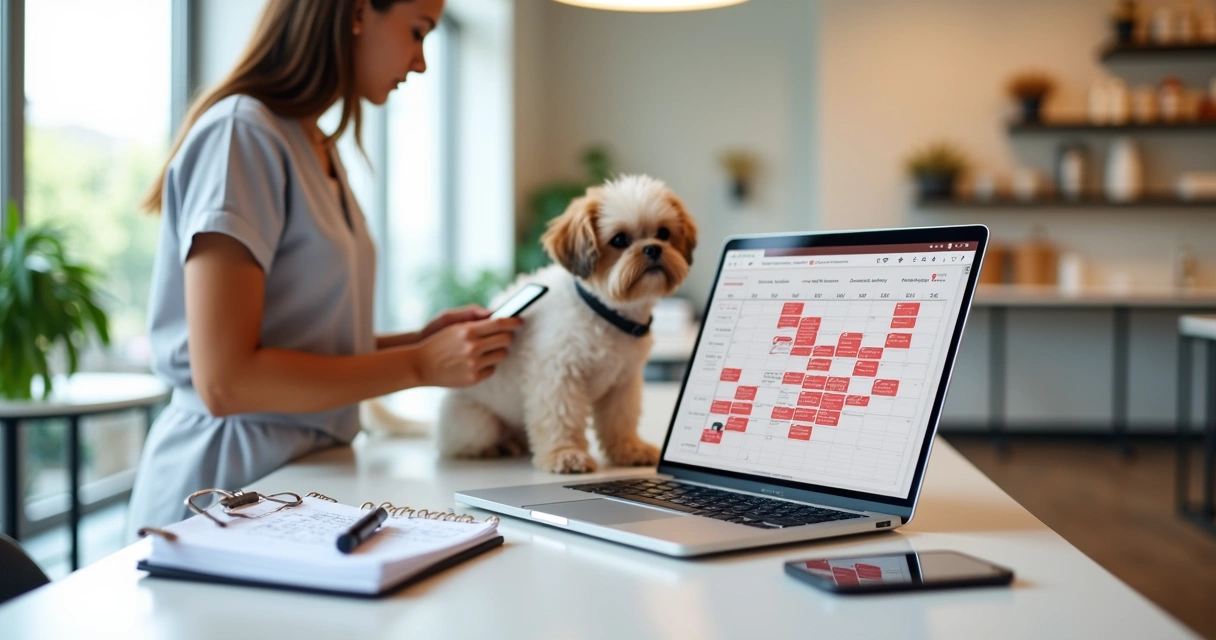 Petshop usando computador com agenda de banho e tosa desorganizada 