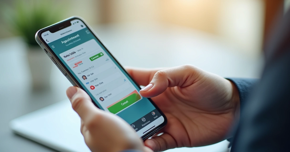 Pessoa segurando celular mostrando tela de agendamento online de consultas, interface limpa e moderna
