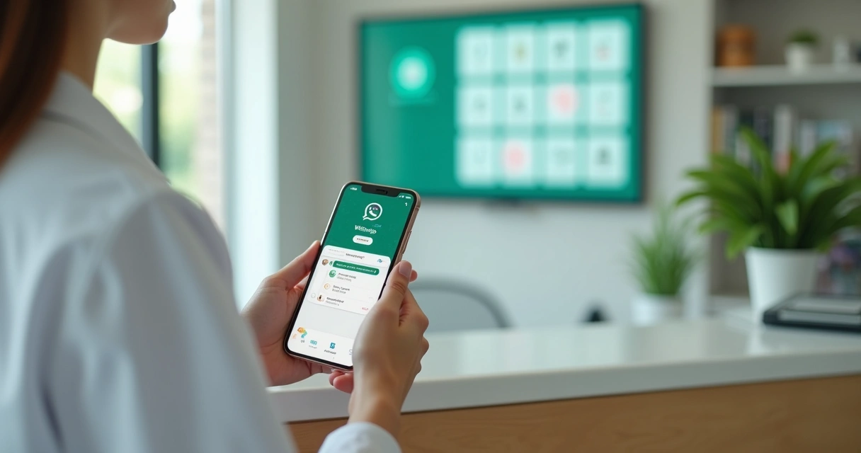 Paciente agendando consulta por WhatsApp com assistente virtual ao fundo 