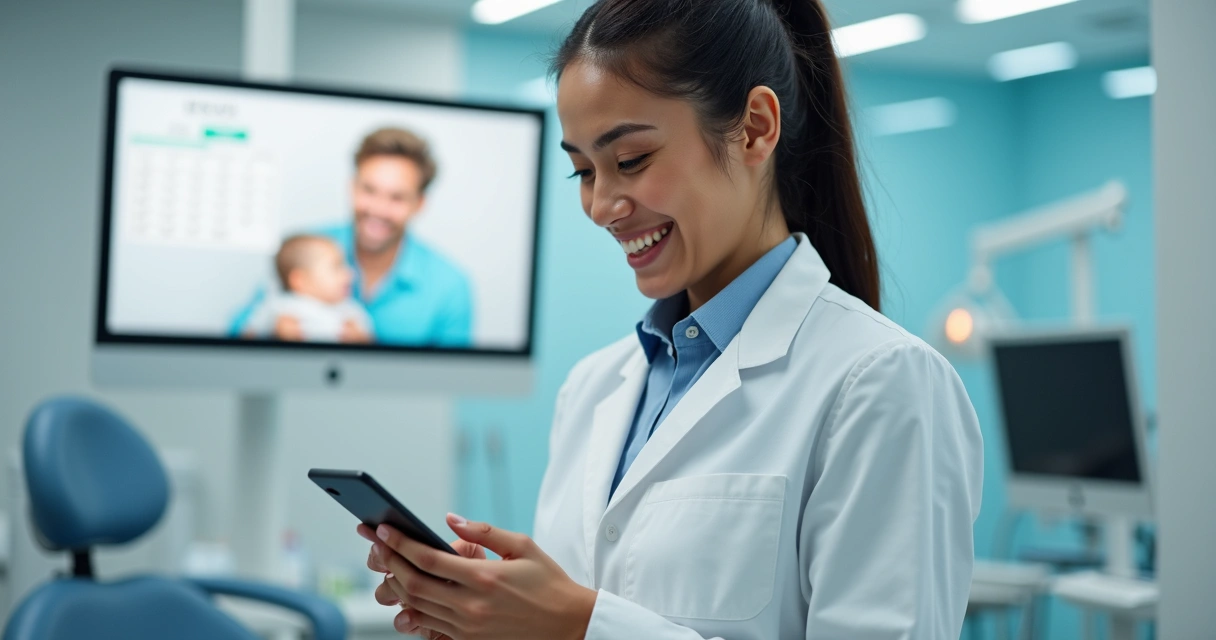 Dentista de jaleco usando celular para agendar paciente online