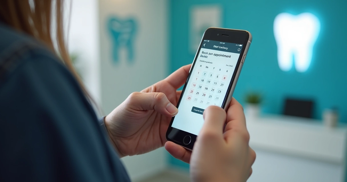 Agenda digital sendo usada por paciente para marcar consulta odontológica