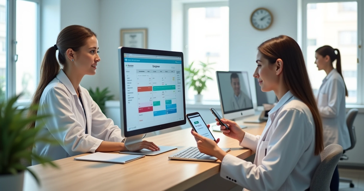 Profissional de saúde usando software de agendamento online em clínica moderna 