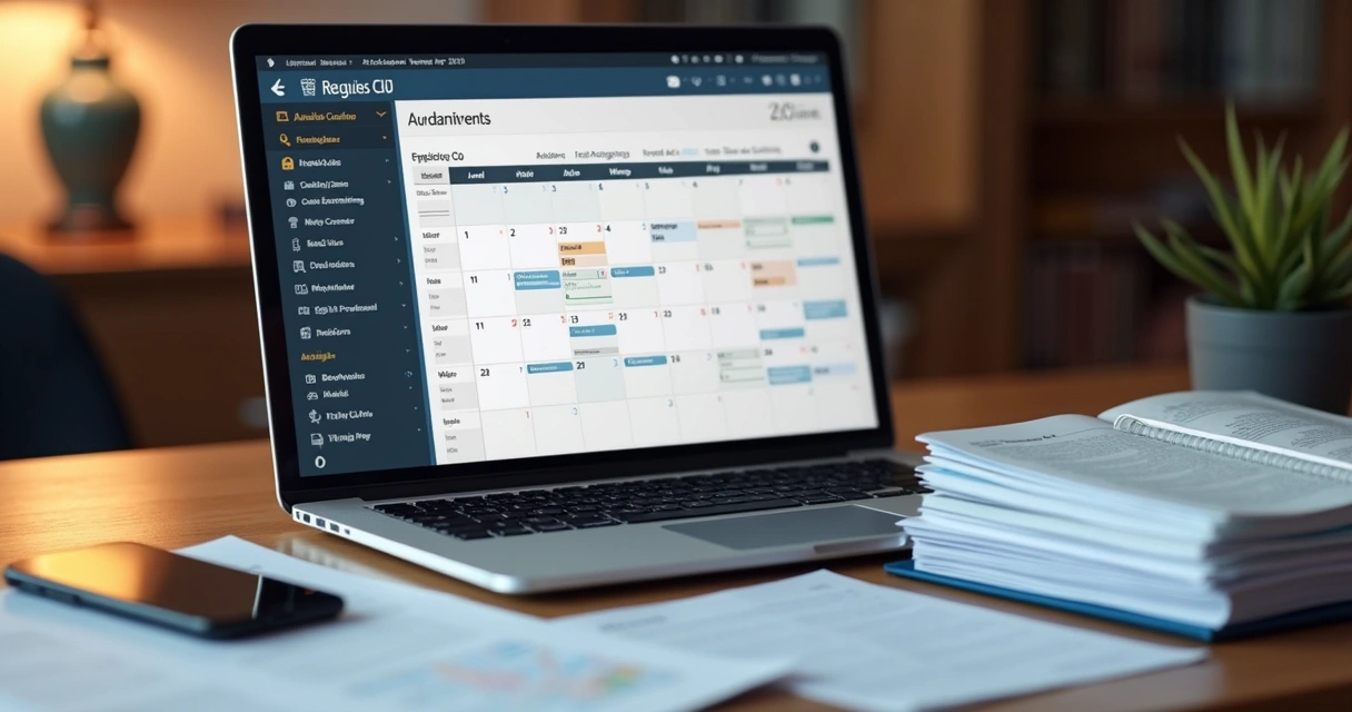Calendário digital em tela de notebook ao lado de livros jurídicos 