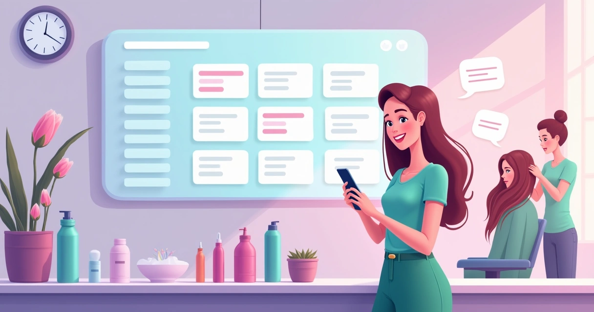 Mulher agendando horário em um salão moderno pelo celular, com ambiente alegre e decoração vibrante.